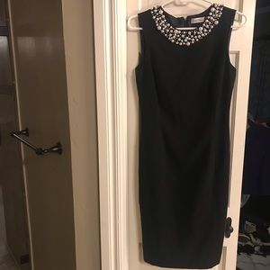 Black Calvin Klein dress, pearl collar, SZ 2